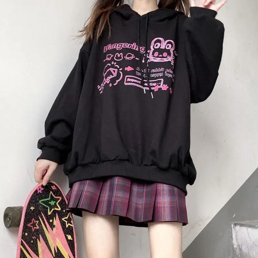 Sweatshirts Anime Hoodies Pink Cartoon Printed Hooded Tops Black Fashion Streetwear Fall Winter Pullover Hoodies Loose Harajuku Hip Hop Sweatshirt