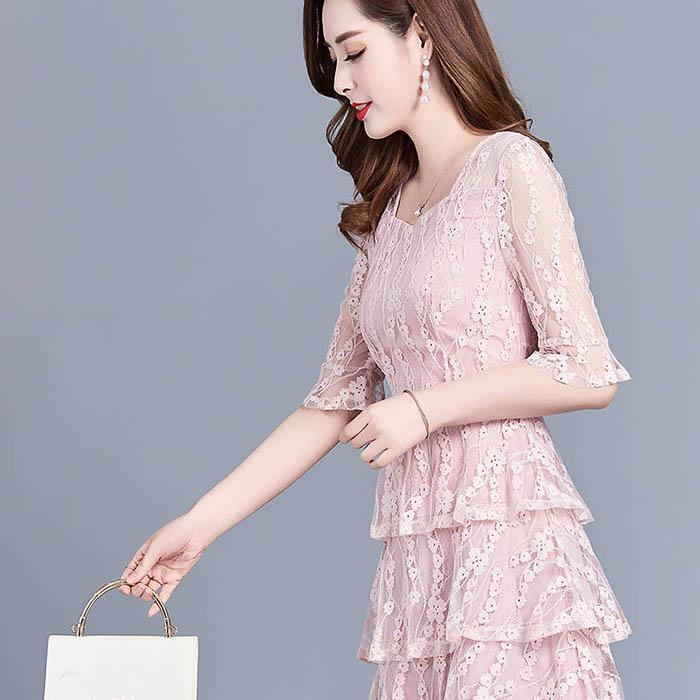 Pofulove M-4XL Women Summer Chiffon A-line Dress Lace Mid-length O-neck Cake Dress Evening Dress
