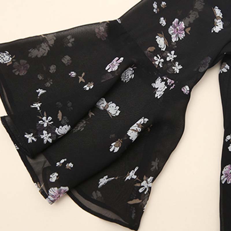 Women's Spring and Autumn Chiffon Short Sleeve Top Tie Bow Print T-Shirt