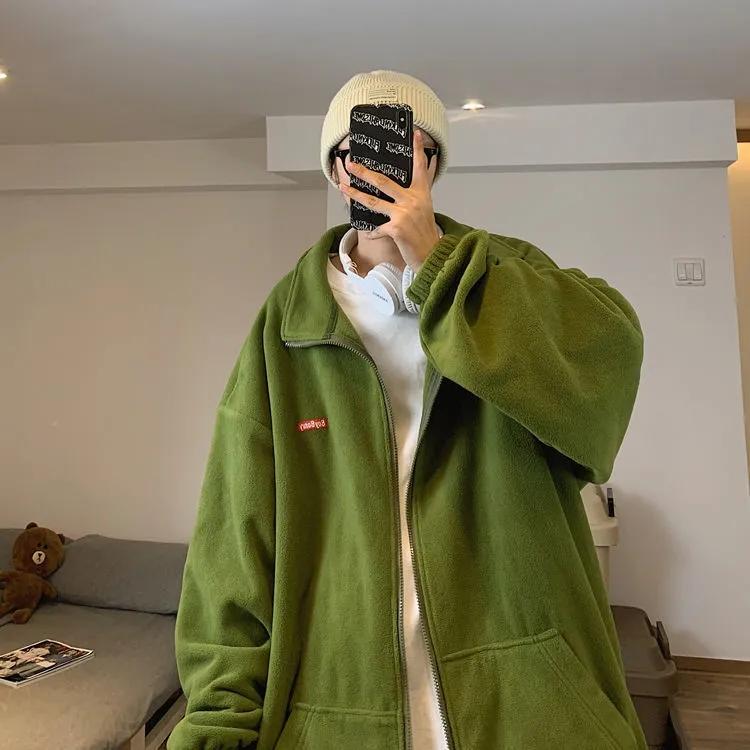 Women's Autumn and Winter Cardigan Sweater Ins Loose Korean BF Lazy Style Plus Velvet Thick Stand Collar Coat Unisex Warm Zipper Jacket