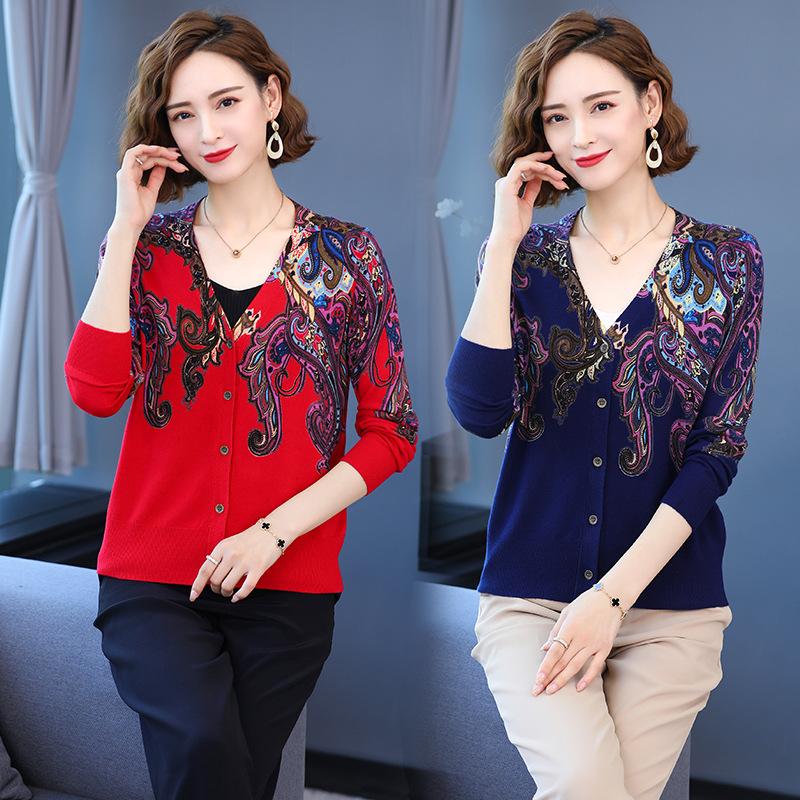 Autumn Winter Women's Knitted Cardigan Sweater V-neck Printing  Sweater Coat