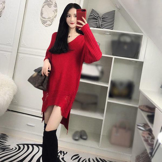 Spring and Autumn Sexy Mid-length Sweater V-neck Pullover Irregular Top Loose Hole Knit Sweater Dress