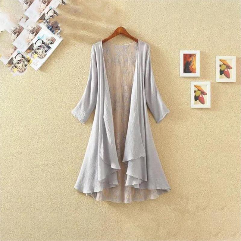 Women's Cotton and Linen Lace Sun Protection Thin Cardigan Beach Mid-length Plus Size Shawl Loose Top