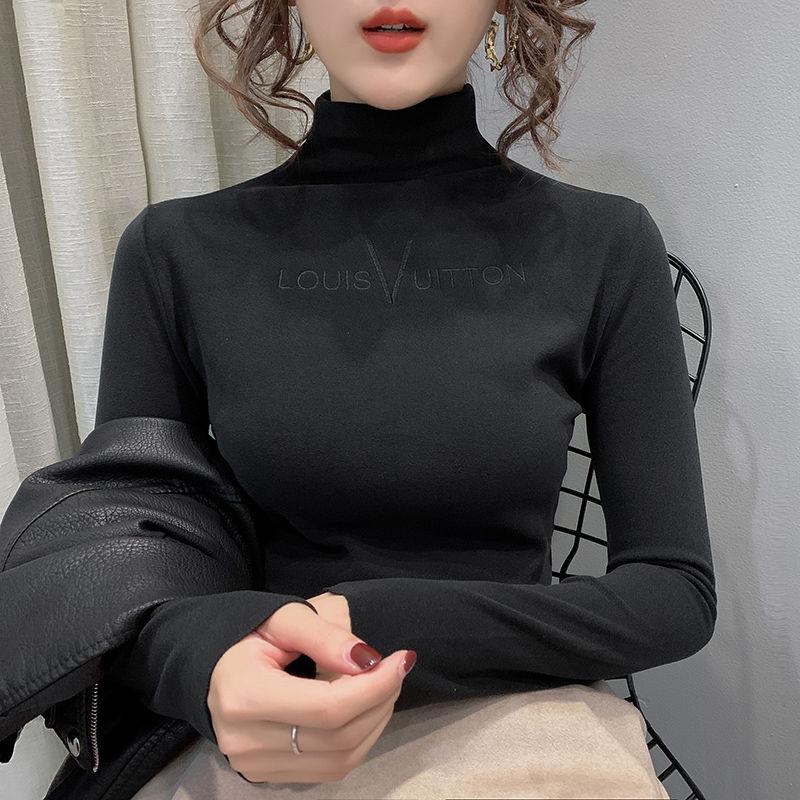 Women's letter Embroidered Velvet Turtleneck Pullover Top Warm Winter Long Sleeve Sweatershirt Lady