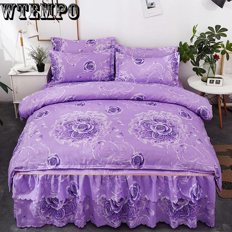 Simple Style Printing Bedspread Cotton Bed Skirt Pillowcase Bedding Bed Sets Queen King Size
