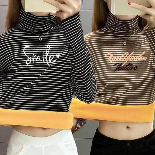 Thicken Plus Velvet Thermal Clothing Women's Underwear Tight-fitting High-neck Striped Winter Bottoming Shirt One-piece Gold Velvet Top