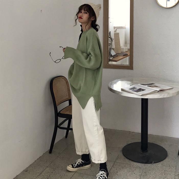 8 Colors Women Warm Oversize O-Neck Loose Sweater Blouse Simple Color Girly Sweaters