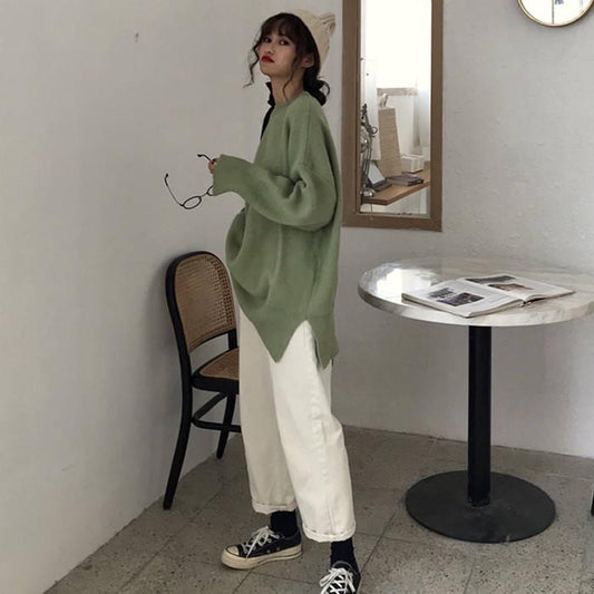 8 Colors Women Warm Oversize O-Neck Loose Sweater Blouse Simple Color Girly Sweaters