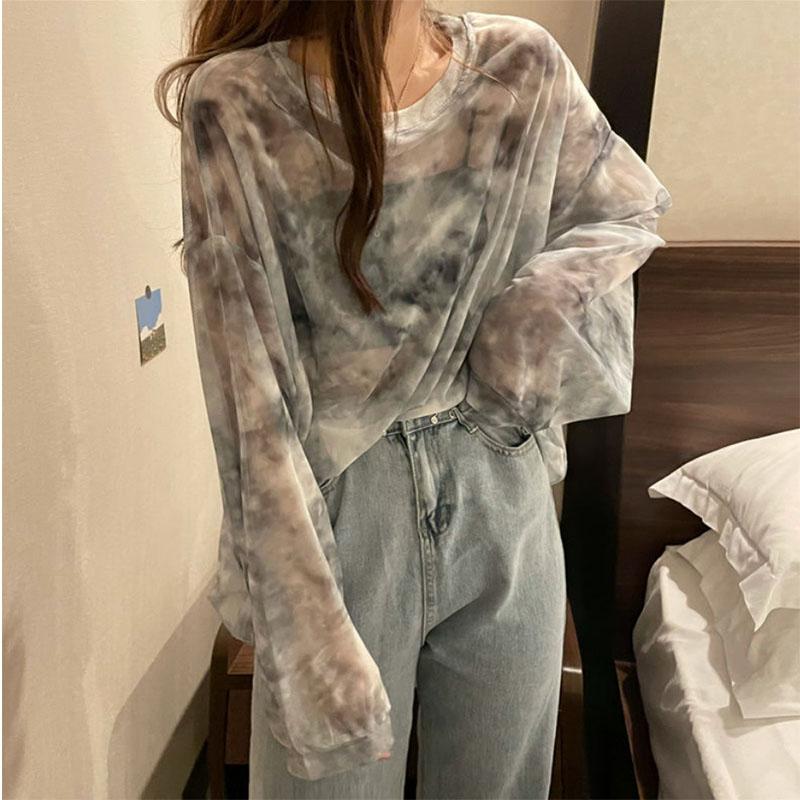 Tie-dye Sunscreen Women's Wear Loose Mesh See-through Thin Long-sleeved T-shirt