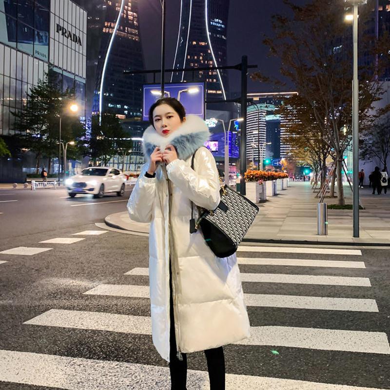 Women's Glossy Loose Down Jacket Mid-length Korean Thick Coat Warm Cotton Coat with Big Fur Collar Winter Quilted Jacket