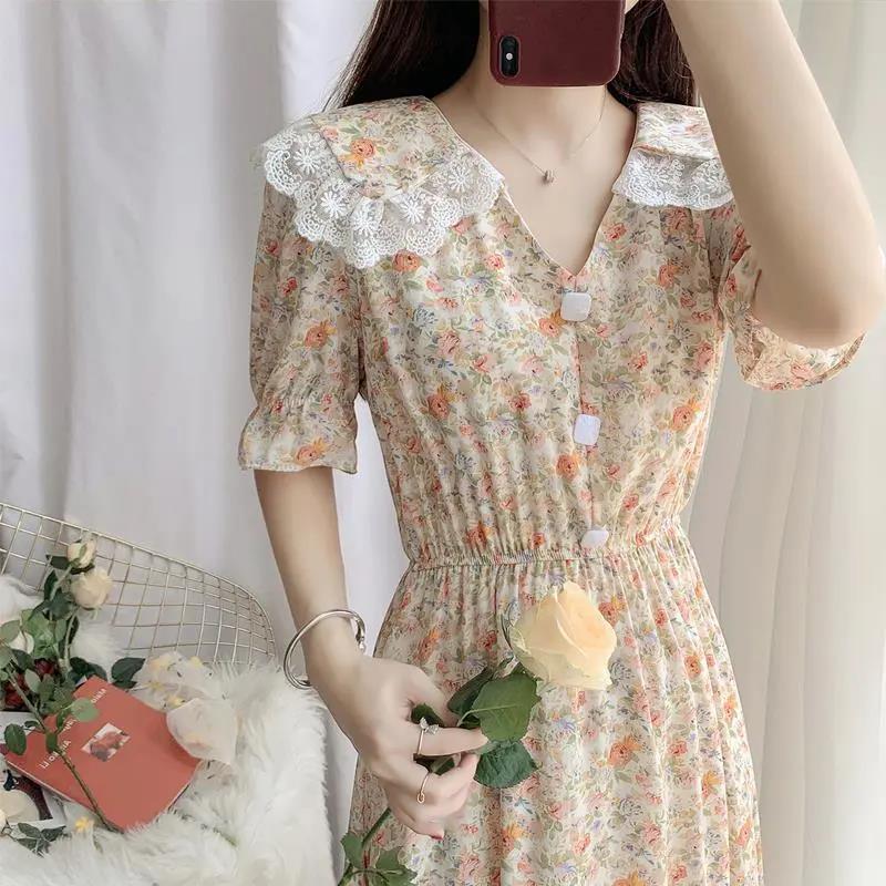 Women's Summer Sweet Short Sleeve Long Floral Dress Doll Collar Thin A-line Skirt