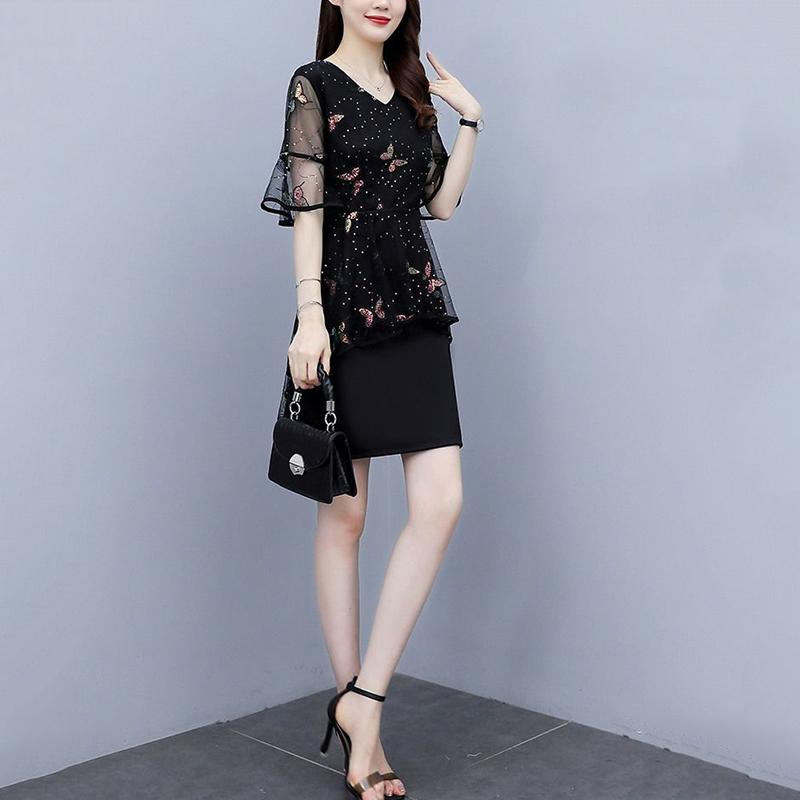 Large Size Women's Summer Black Belly Cover Sequins Embroidery Stitching Short-sleeved Fairy Dress Ladies Temperament A-line Skirt