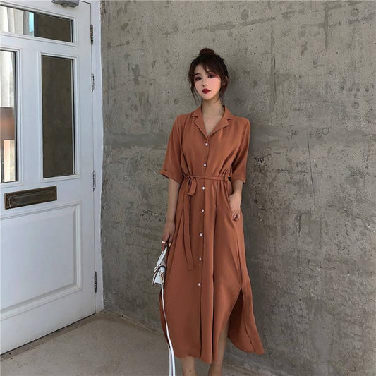 Casual Sashes A Line Women Dress Ladies Lapel Party Dress Summer Elegant Long Dress Shirt Dress