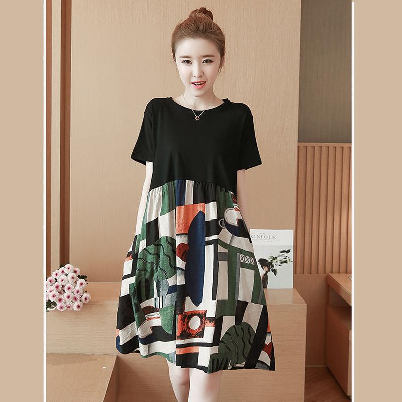 Splicing Vintage M-XXXXXL Summer Polyester Short-sleeved Knee-length A-line Dress