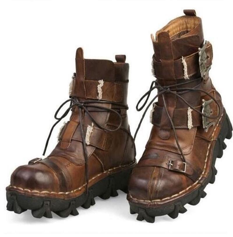 Men Genuine Leather Military Uniform Boots Gothic Skull Punk Martin Platform Mid-calf Boots