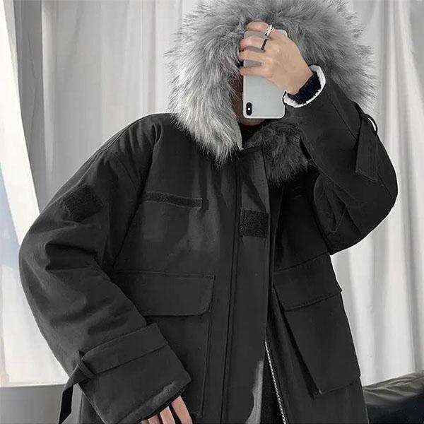 Winter Handsome Cool Cotton-padded Jacket Tooling Pocket Cotton-padded Jacket Thick Hooded Warm Fur Collar Cotton-padded Jacket Parka Jacket