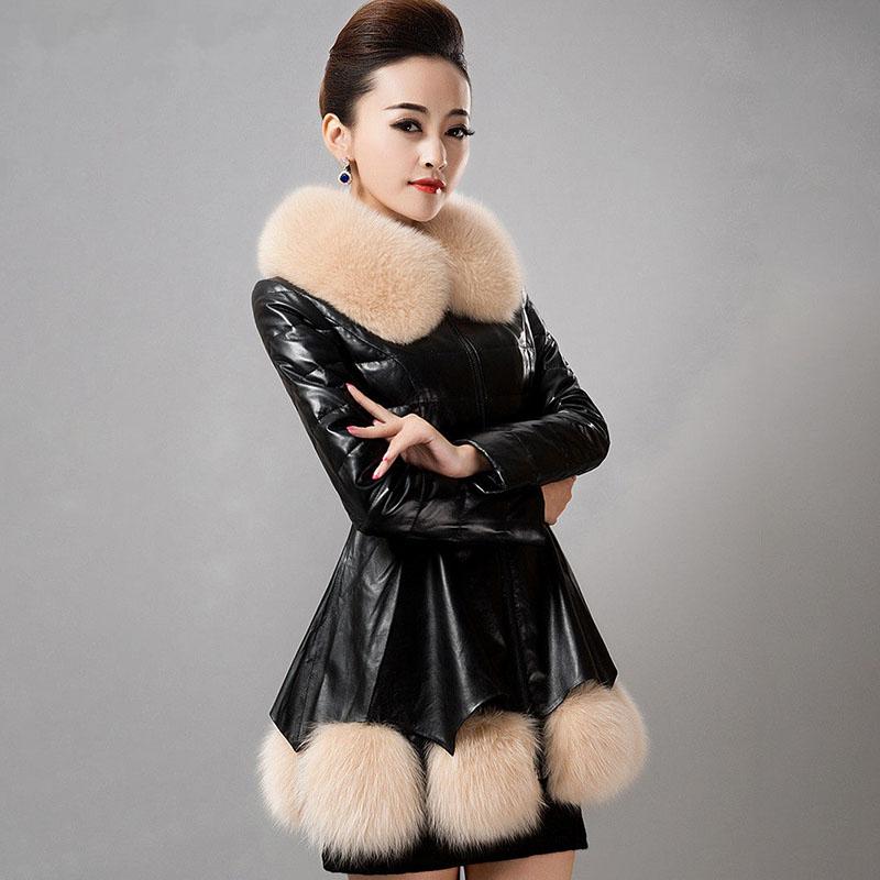 Women's Leather Coat Thickened Warm Fur Coat Winter Slimming Faux Sheepskin Coats with Fox Fur Collar Female Overcoat Outerwear
