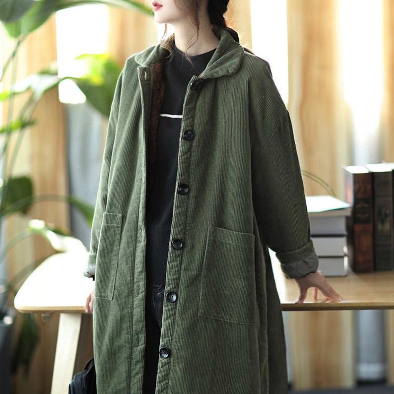 Winter Thick Corduroy Long Coat Mid-length Large Size Warm Jacket Ladies Corduroy Windbreaker Large Size Corduroy Handmade Trench Coat