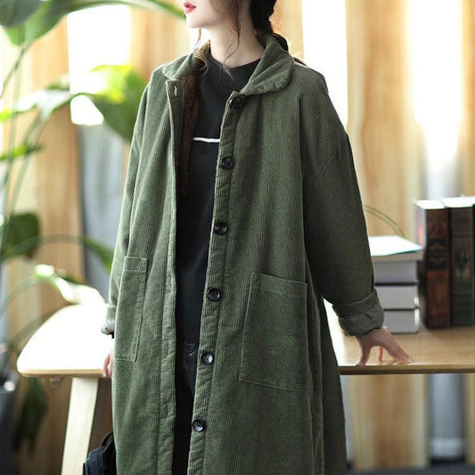 Winter Thick Corduroy Long Coat Mid-length Large Size Warm Jacket Ladies Corduroy Windbreaker Large Size Corduroy Handmade Trench Coat