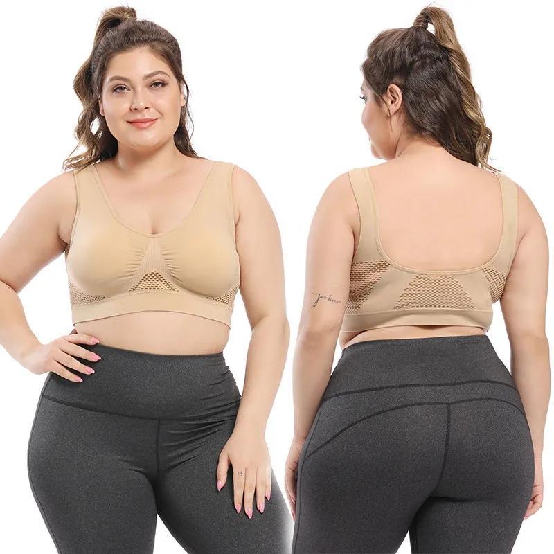 Women's Plus Size Seamless Bra with Pads Solid Color Breathable Bra Hollow Out Sports Yoga No Wire Gathering Vest Bra
