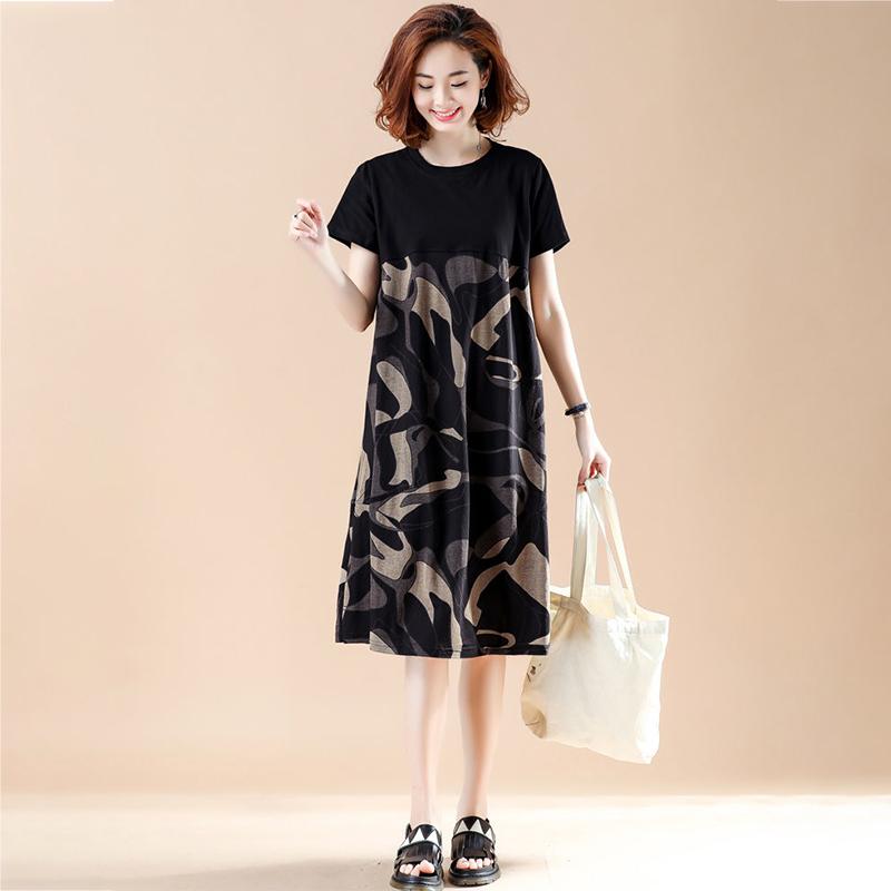 Large Size M-XXXXL Summer Printing Stitching Polyester Short-sleeved Knee-length A-line Dress