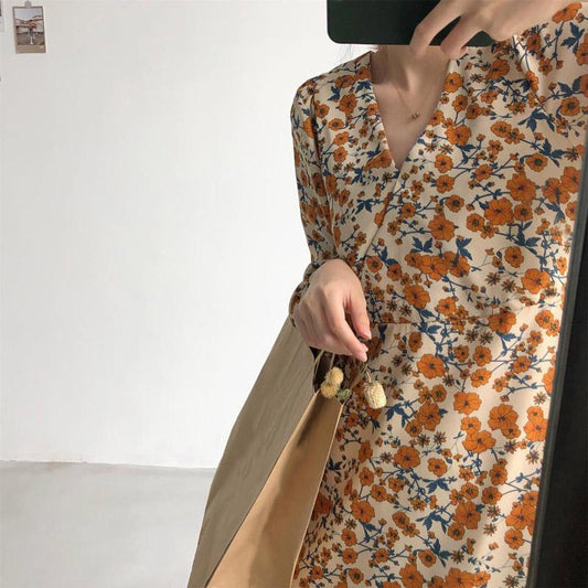 French Temperament Retro V-neck Floral Skirt Female Spring Summer Waist Thinner Over The Knee Chiffon Dress