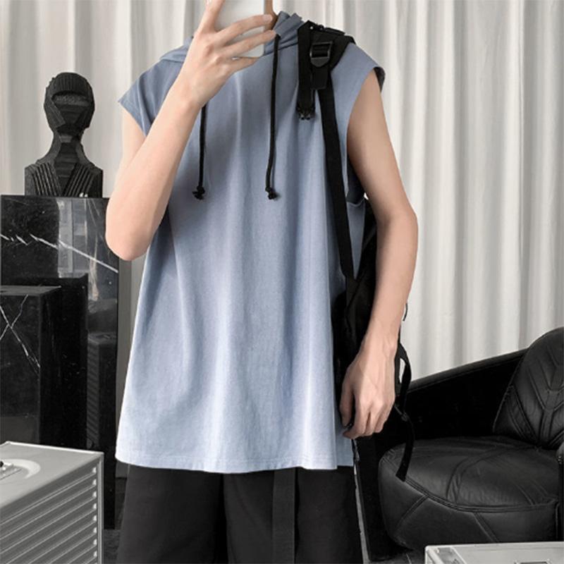 Summer Solid Color Hooded Vest Men's Trendy Loose Waistcoat Slit All-match Sports Hoodie Vest