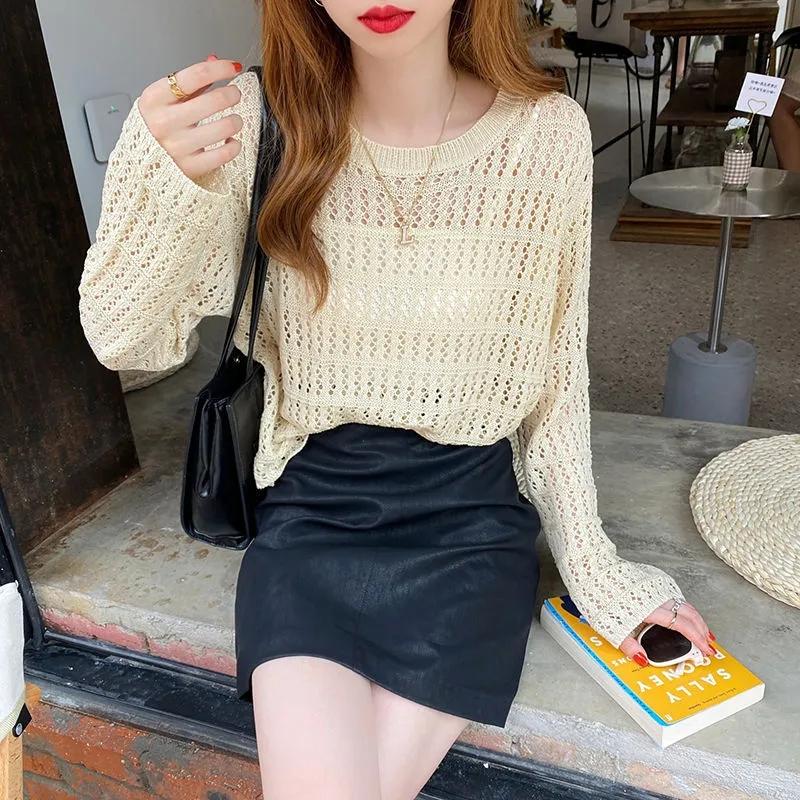 Hollow Knit Sweater Women's Thin Sweater Summer Dress Long Sleeve Loose Jacket Chic Short Top