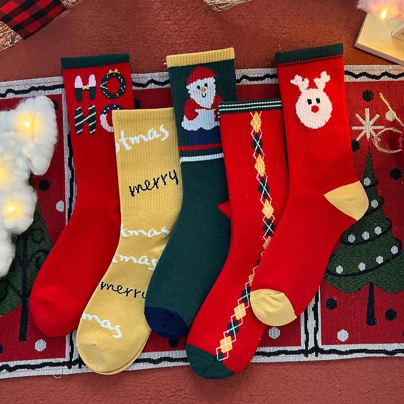 Five Pairs of Red Christmas Socks Long Tube All-match Cute Cartoon Cotton Socks