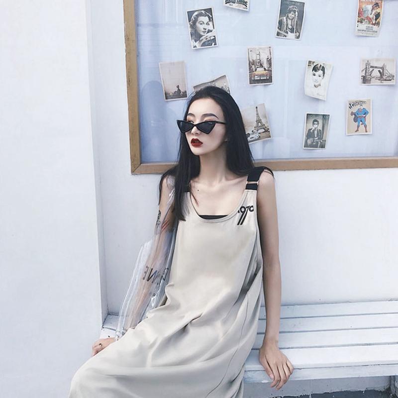 Hip-hop Summer Sexy Girl Suspender Long Skirt Strap Dress Loose Over The Knee L-XXXL Solid Color Sleeveless Straight Dress