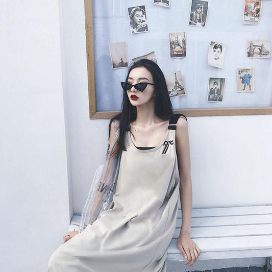 Hip-hop Summer Sexy Girl Suspender Long Skirt Strap Dress Loose Over The Knee L-XXXL Solid Color Sleeveless Straight Dress