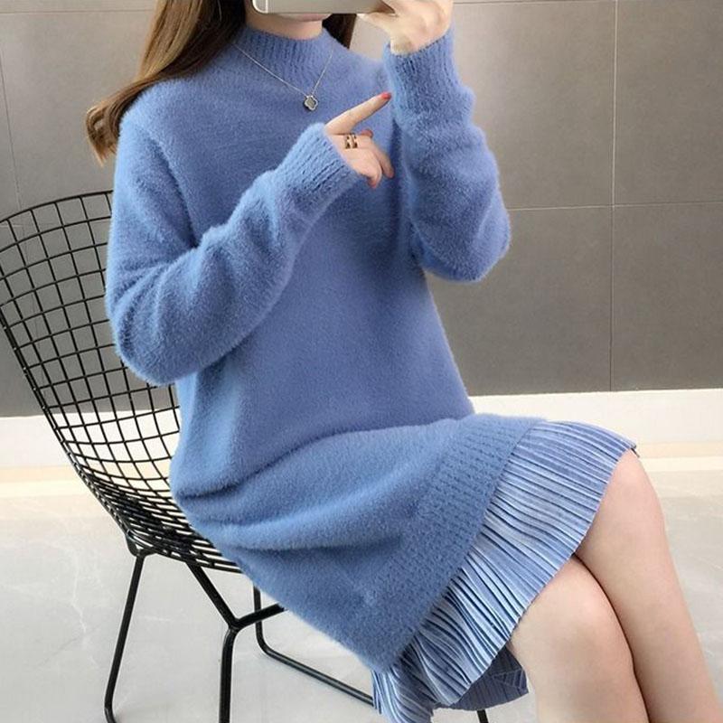 Long Faux Mink Fleece Sweater Winter Bottoming Sweater Thick Warm Knitted Lace Stitching Mohair Sweater Dress