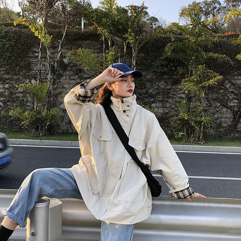 Workwear Jacket Female Students Loose Hong Kong Style Retro Spring and Autumn Short Windbreaker