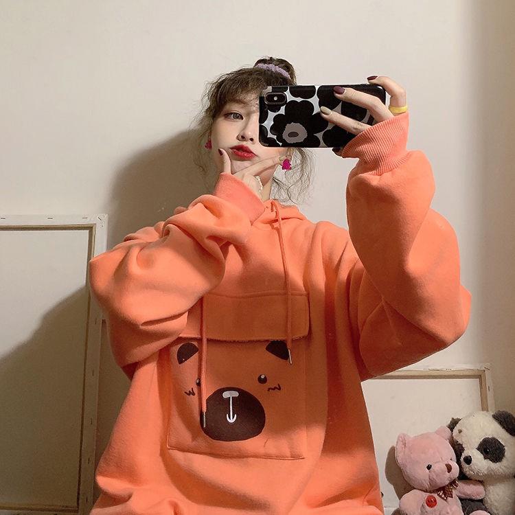 Autumn and Winter Thickened Student Jacket Women's Loose Hooded Big Pocket Blouse Mid-length Sweater