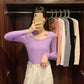 Women Winter Sweater White Pink Purple Square Collar Long Sleeve Slim Pullovers Korean Fashion Knitted Jumper Fall Casual Solid Women Girl Knitwear