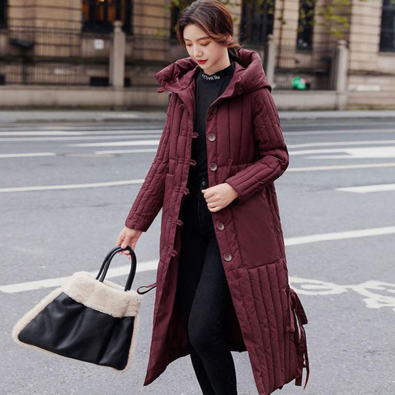 Winter Women's Down Jacket Retro Folk Style Thick Warmth Long Padded Hooded Over-the-knee Windbreaker Jacket