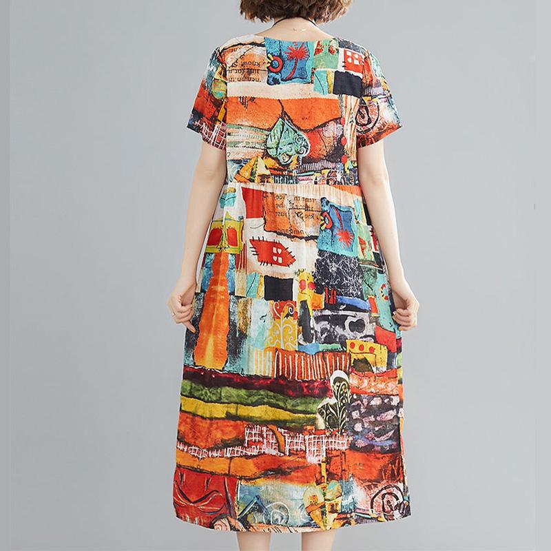 Ethnic Style Dress Female Summer Lively Bright and Loose Mid-length Summer Print Literary Plus Size Skirt