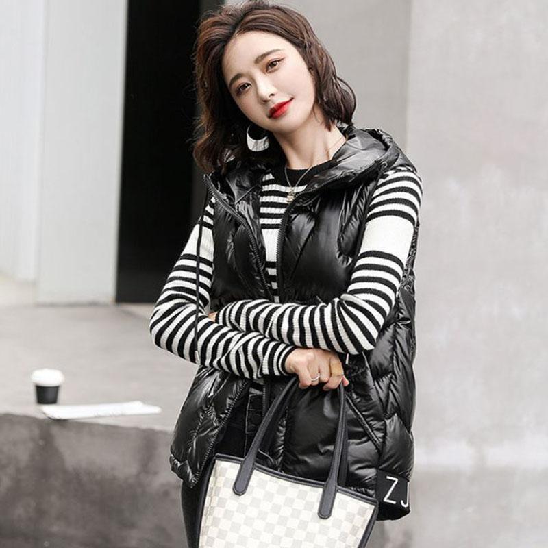 Winter Ladies Hooded Down Vest Jacket Fashion Glossy Down Cotton Sleeveless Jacket Thicken Warm Winter Vest