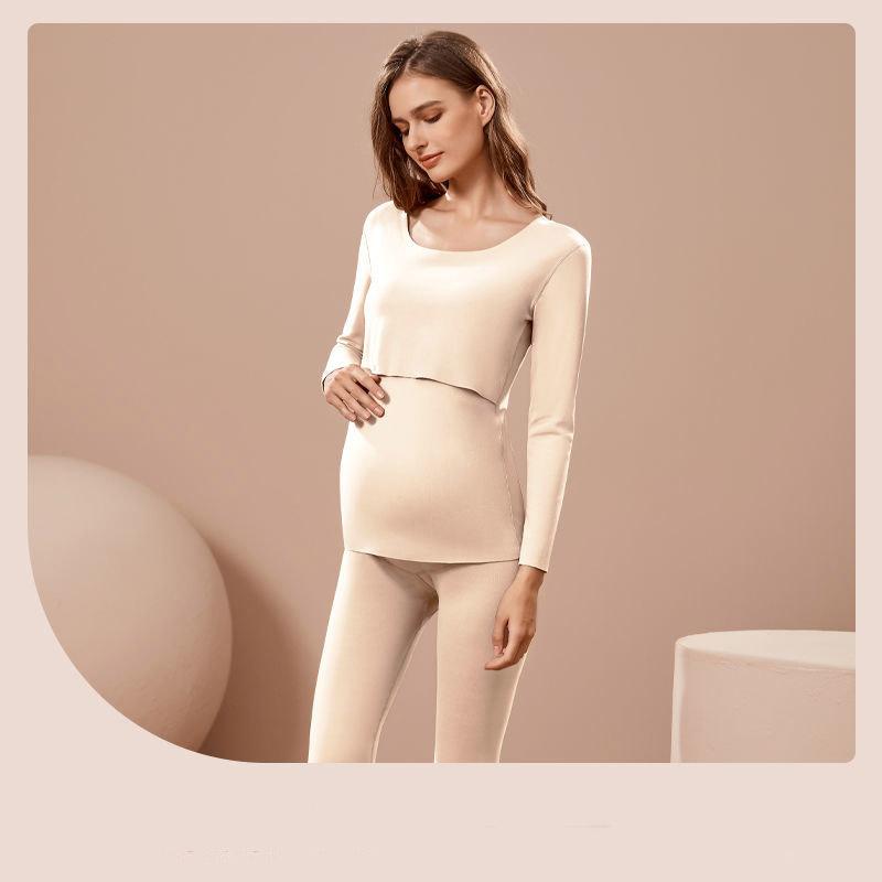 Pregnant Women's Seamless Thermal Underwear Set, Breastfeeding Autumn and Winter Plus Cashmere Pregnancy and Postpartum Nursing Pajamas