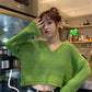 Avocado Green Sweater Women's Loose Autumn Long Sleeve V-neck Hollow Short Knit