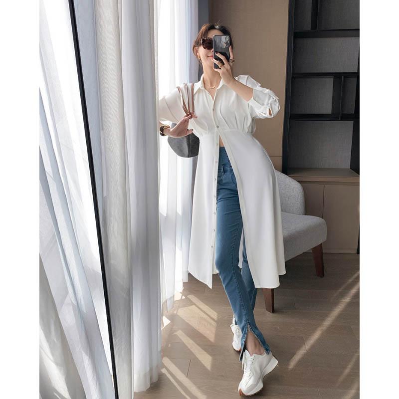 Spring Summer White Shirt Dress Cardigan Niche Waist Waist Was Thin A-line Long Skirt Women