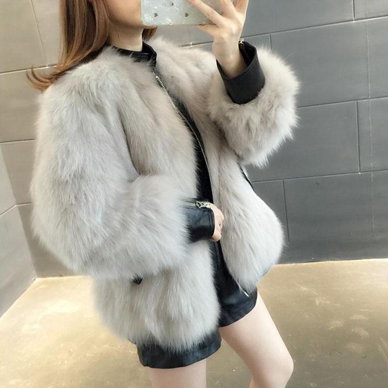 Fur Coat Women Faux Fox Fur PU Leather Stitching Jacket Short Thick Furry Coat Winter  Female Outwear