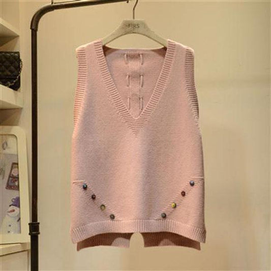 Spring and Autumn Color Buckle V-neck Vest Loose Wild Vest Fashion Back Strap Women Sweater
