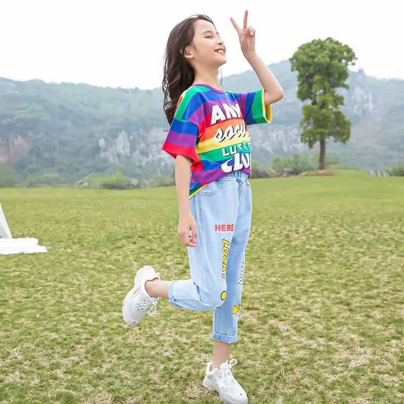 Summer Girls Suits Fashionable Children's Clothing Two-piece Printed Short Sleeve T-shirt+ Denim Pants