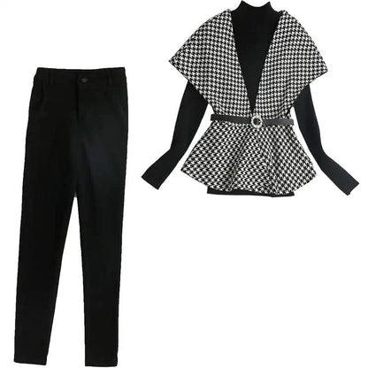 Mature Royal Sister Suit Female Wild Houndstooth Vest + Leggings + Belt Three-piece Elegant Black and White Suit