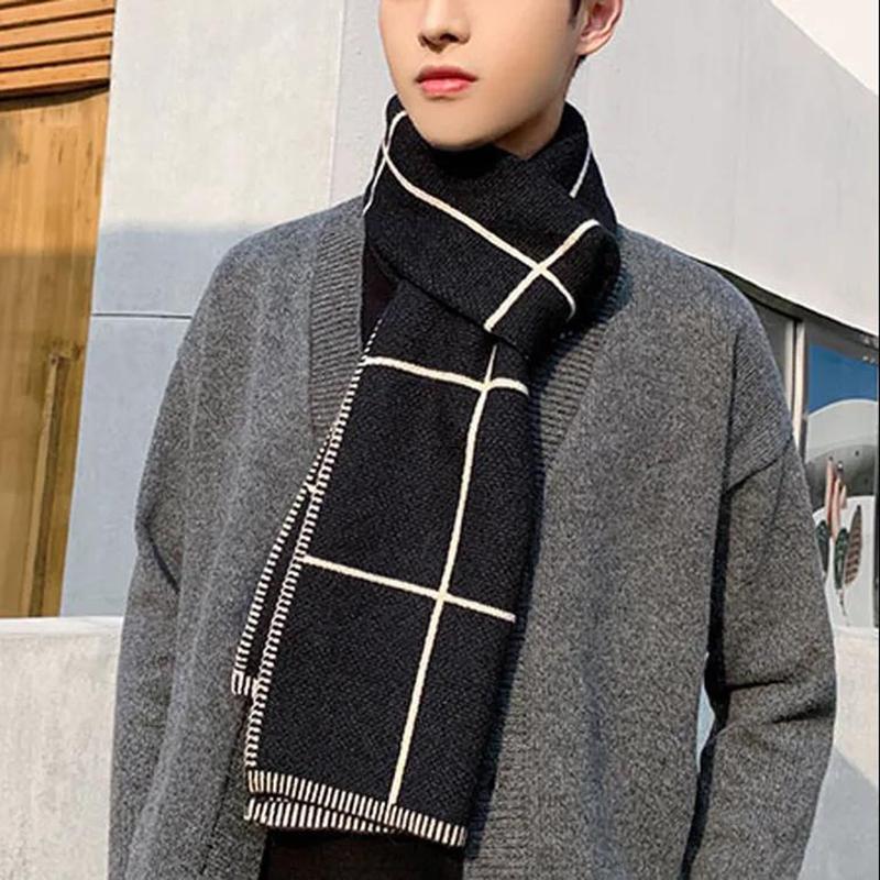 Men's Knitted Scarf Winter High-end Fashion Plaid Scarf Winter Thick Warmth Long Couple Scarf