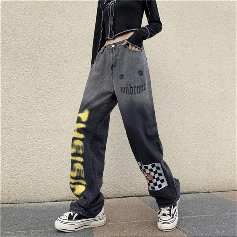 Trend Wild Graded Jeans Female INS High Waist Slim Casual Loose Straight Wide Leg Pants Trousers