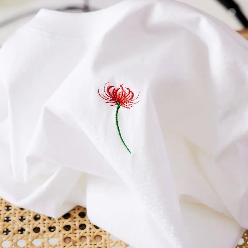 Solid Color Flower Pattern Embroidery Women T Shirt Cotton Tee Lady Girl Top Hipster T-Shirts