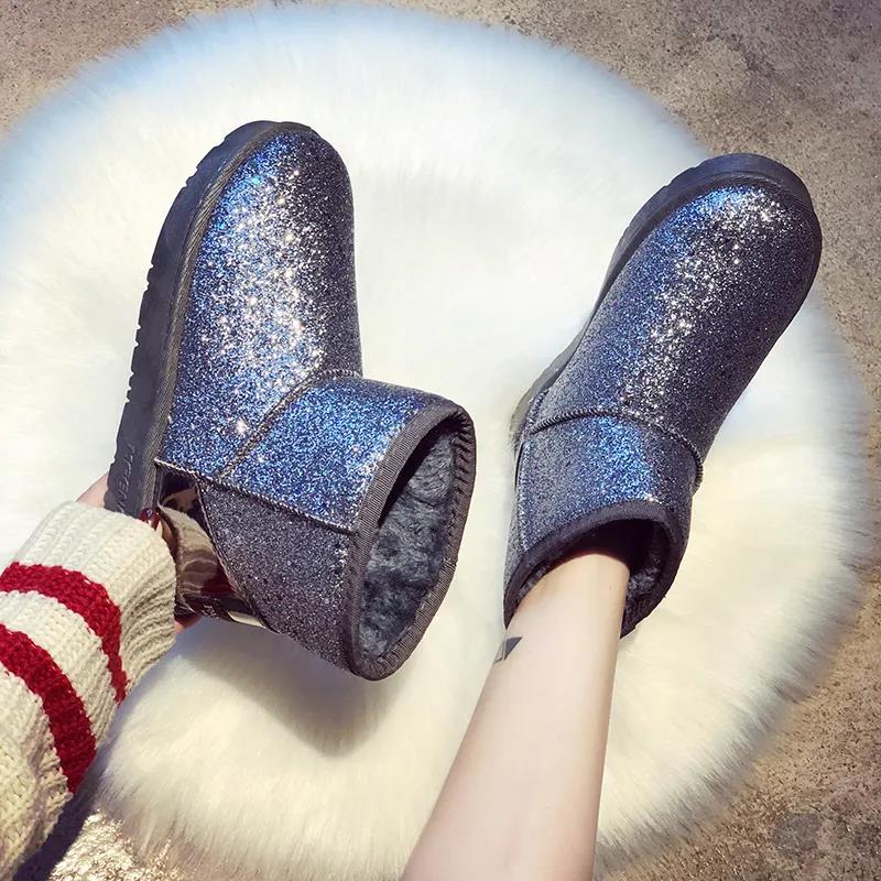 Winter Sequined Short Boots Flat Snow Boots Thickened Short Tube Cotton Shoes Plus Velvet Waterproof Non-slip Bread Women's Shoes