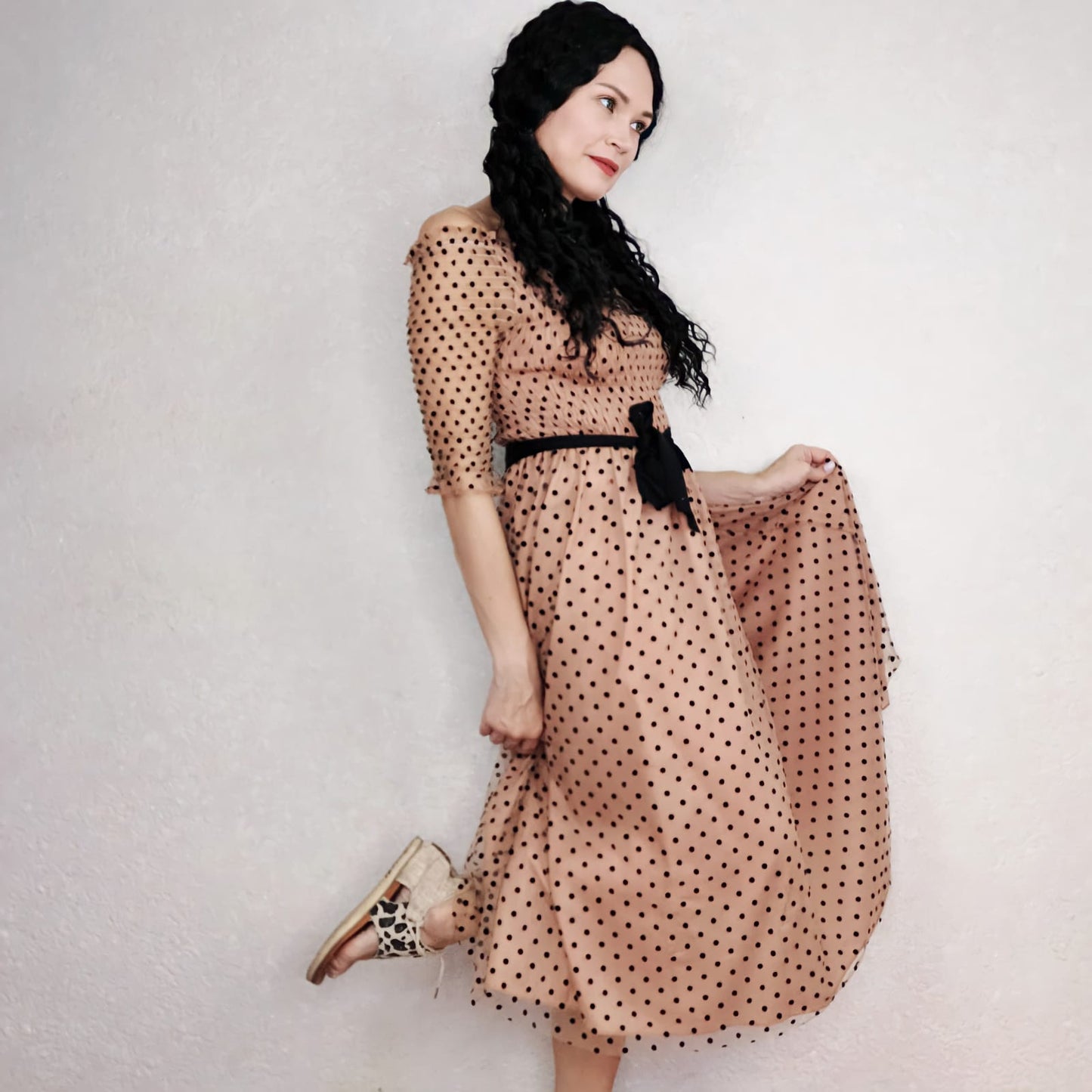 Women Sexy Off-shoulder Dress Spring Summer Women's Polka Dot Dress Five-point Sleeve Long Dress for Party